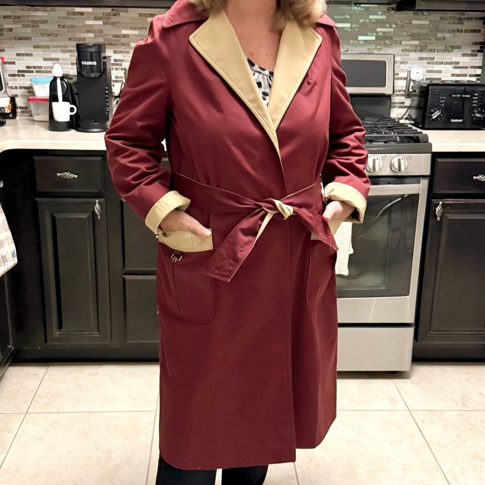 Etienne Aigner Maroon and Tan Reversible Trench Coat